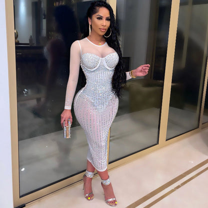 Sexy Diamond Inlay Long Sleeves Night Party Dresses