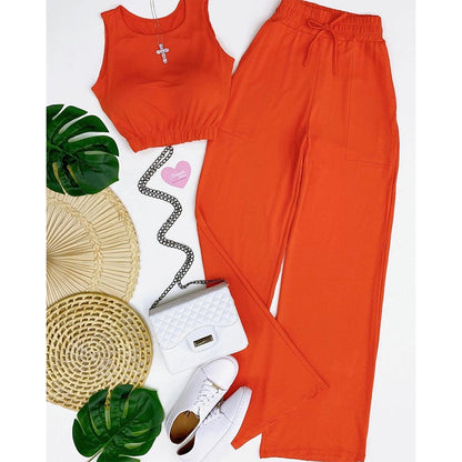 Casual Drawstring Short Tops and Wide Legs Pants