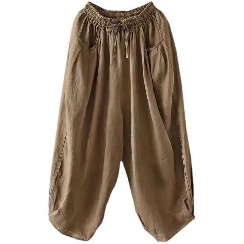 Vintage Elastic Waist Linen Summer Trousers for Women