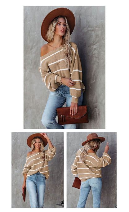 Women Off The Shoulder Striped Knitted Pullover Sweaters