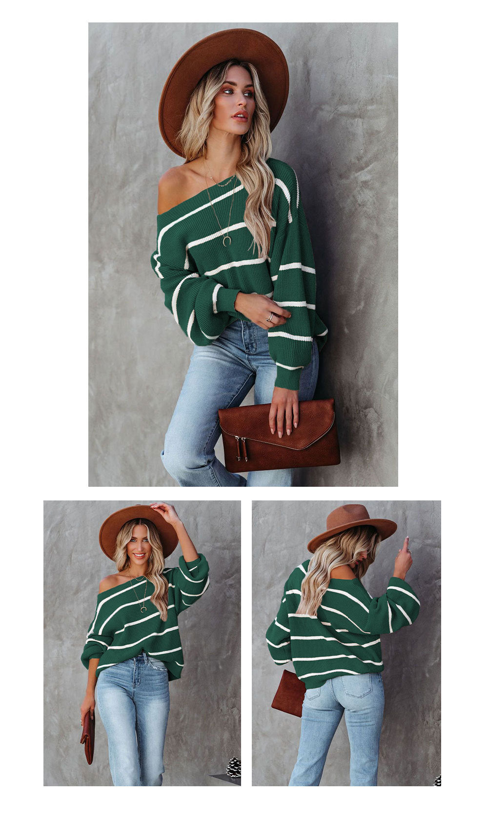 Women Off The Shoulder Striped Knitted Pullover Sweaters