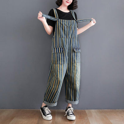 Plus Sizes Striped Pocket Demin Jumpsuits-STYLEGOING