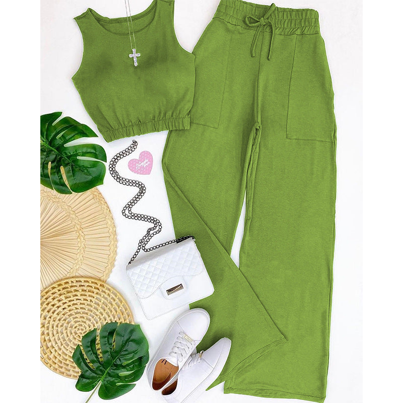 Casual Drawstring Short Tops and Wide Legs Pants