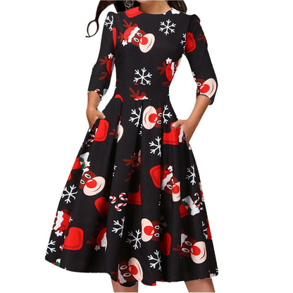 Merry Christmas Round Neck 3/4 Length Short Dresses