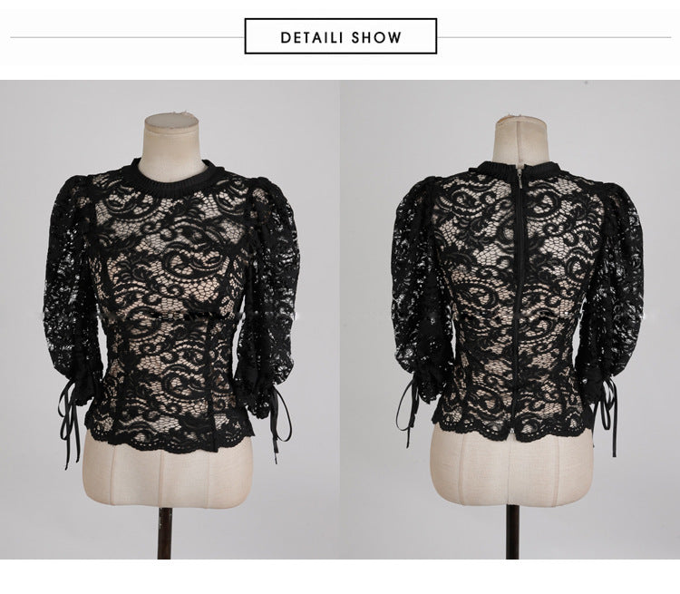 Sexy Puff Sleeves Two Pieces Black Lace Party Dresses