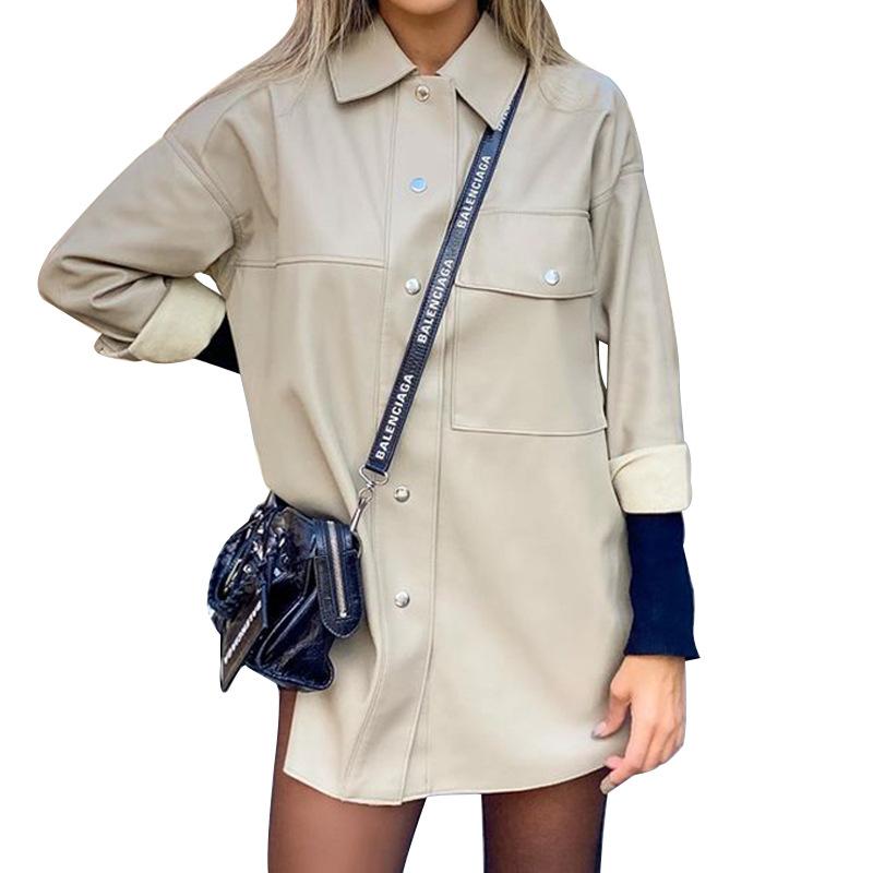 Autumn New PU Turnover Collar Overcoat-STYLEGOING