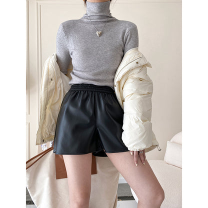 Black Pu Leather High Waist Shorts for Women