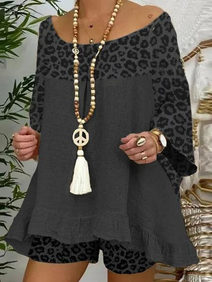 Plus Size Sumemr Leopard Linen Blouses&Shorts Suits-STYLEGOING