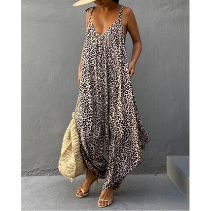 Plus Size Leopard Backless Jumpsuits-STYLEGOING