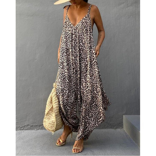 Plus Size Leopard Backless Jumpsuits-STYLEGOING