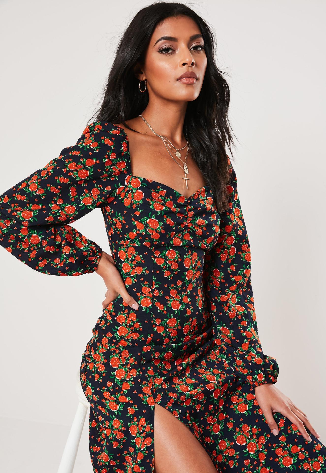 Women Square Neckline Fashon Split Fall Dresses-STYLEGOING