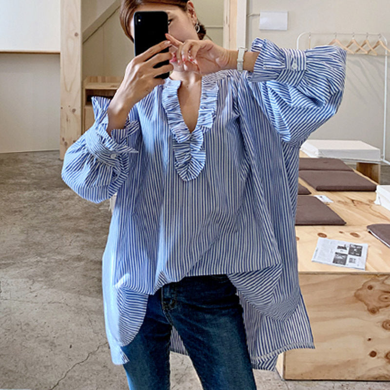 Casual Striped Ruffled Fashion Long Sleeves Shirts