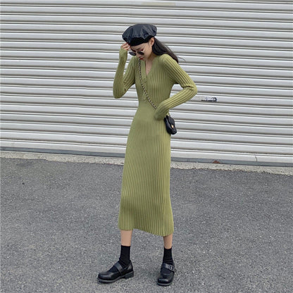 Sexy V Neck Knitted Bodycon Long Dresses