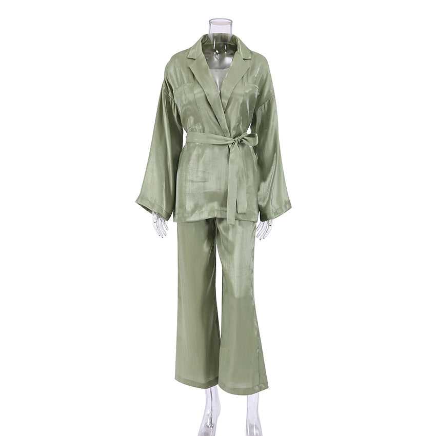Casual Satin Women Long Sleeves Shirts and Wide Leg Pants