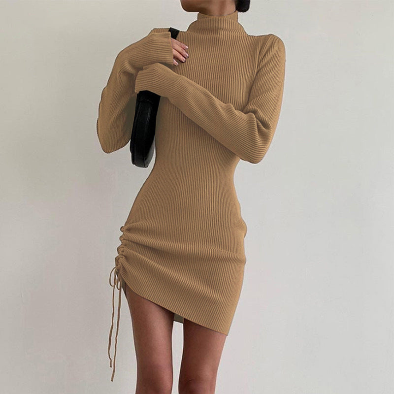 Sexy Women High Neck Drawstring Bodycon Fall Short Dresses