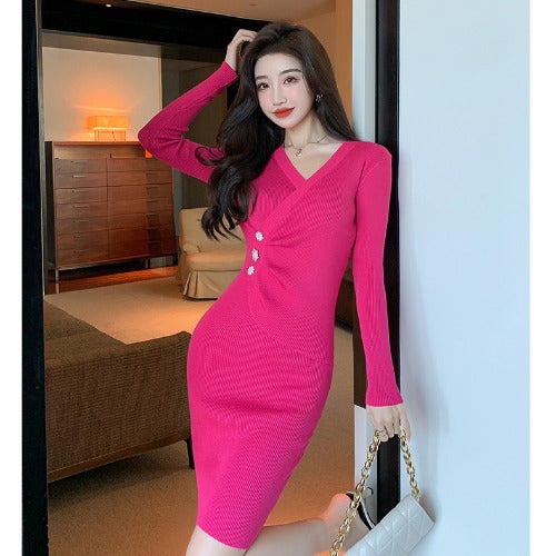 Sexy V Neck Knitted Tight Dresses