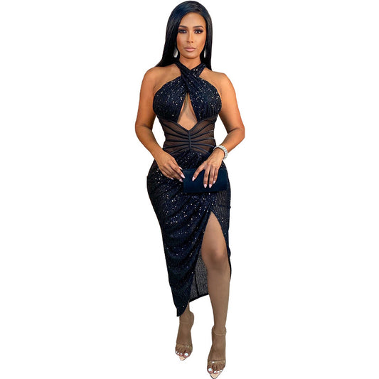 Sexy Sequined Halter Split Front Women Party Dresses