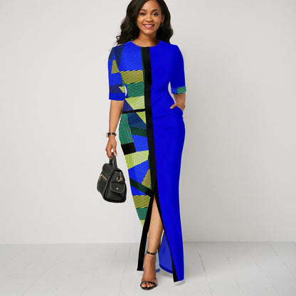 Women Round Neck Split Joint Long Dresses-STYLEGOING