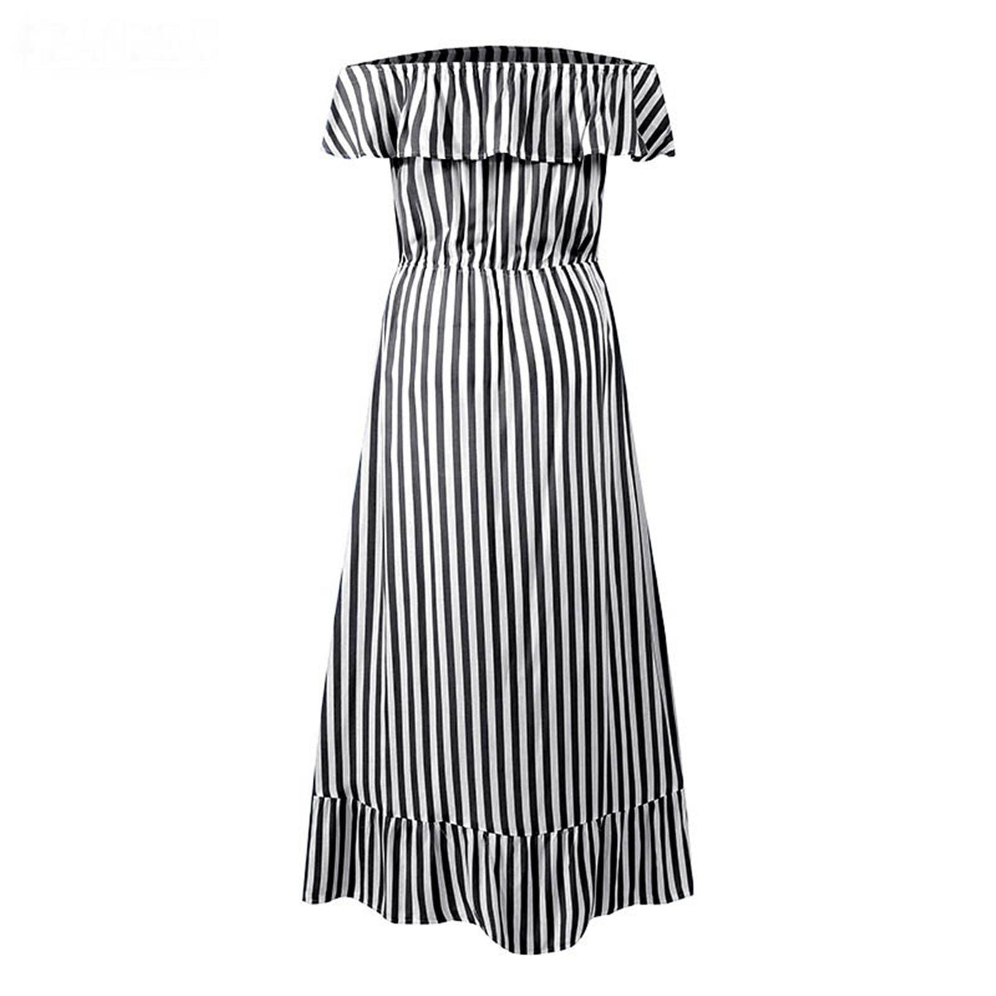 Off The Shoudler Striped Irregular Long Dresses-STYLEGOING
