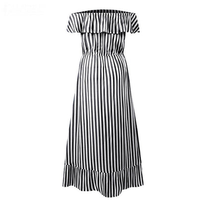 Off The Shoudler Striped Irregular Long Dresses-STYLEGOING