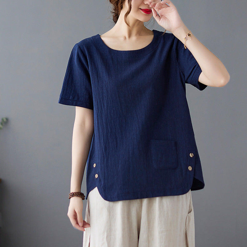 Casual Linen Short Sleeves Women Blouses
