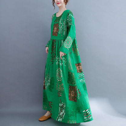Women Green Plus Sizes Long Sleeves Cozy Dresses