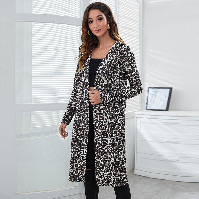 Leopard Print Knitted Long Coats Cardigan