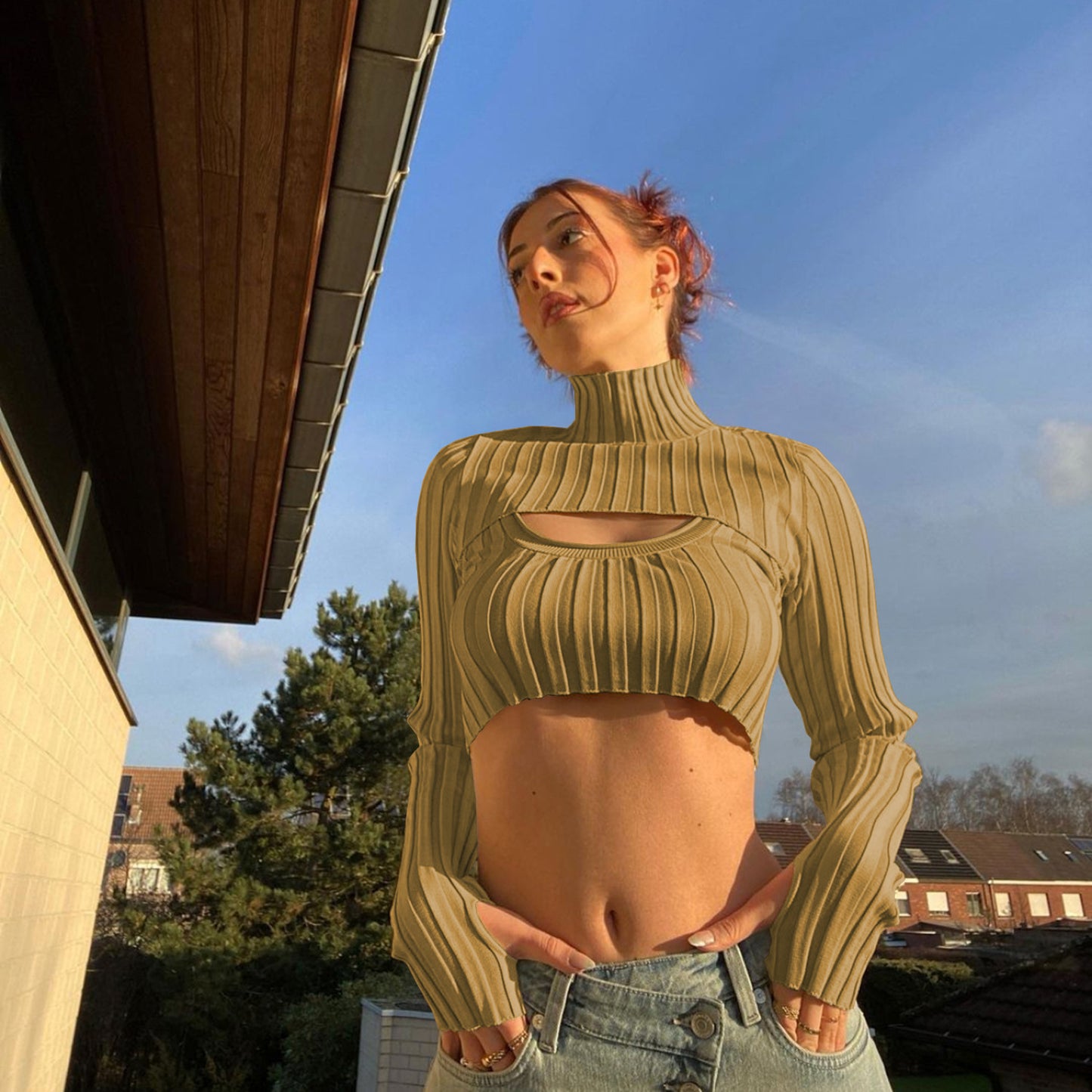 Sexy High Neck Knitting Women Short Tops Suits