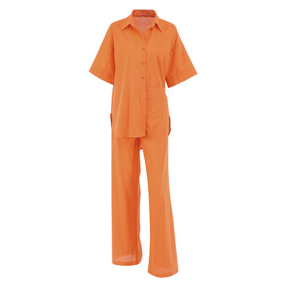 Summer Short Sleeves Orange Shirts and Wide Leg Pants Two Pieces Suits