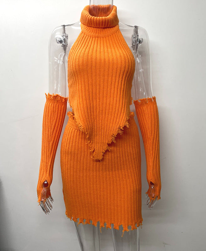 Sexy Halter Knitted Tops and Sheath Skirts for Women