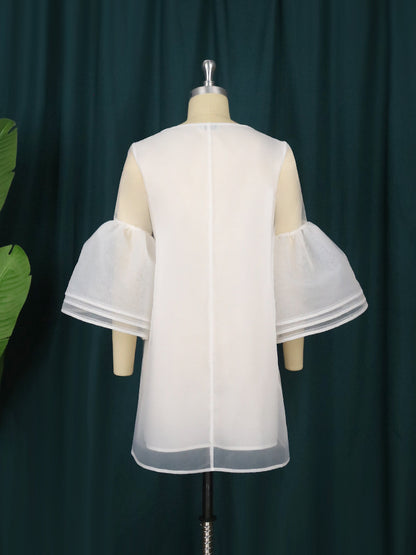 Sweety Tulle See Through Trumpet Sleeves Short White Plus Sizes Dresses
