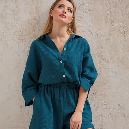 Women Cotton Two Pieces Shirts and Crop Shorts Sets