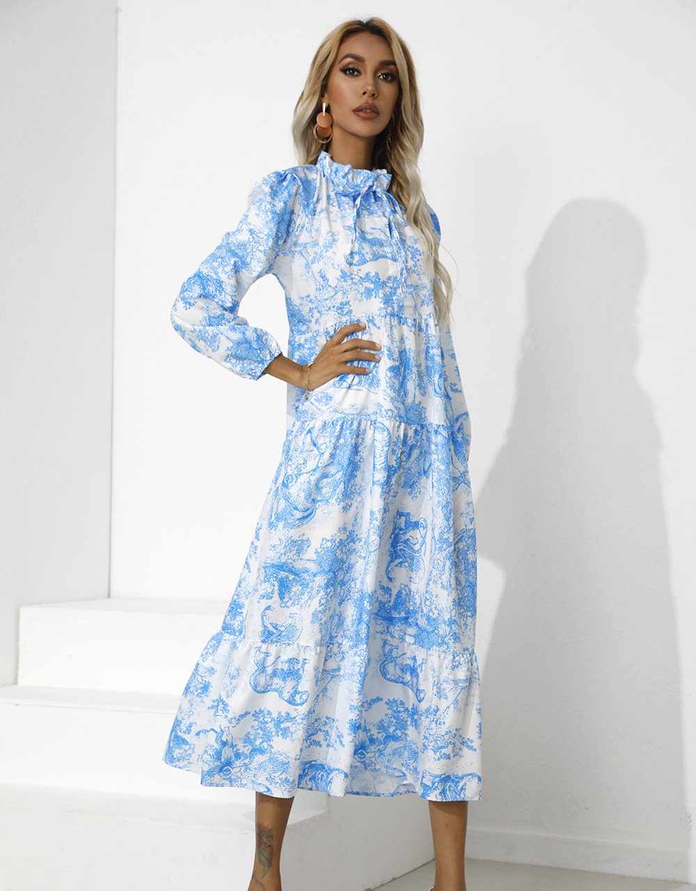 Women Round Neck Loose Fall Long Dresses-STYLEGOING