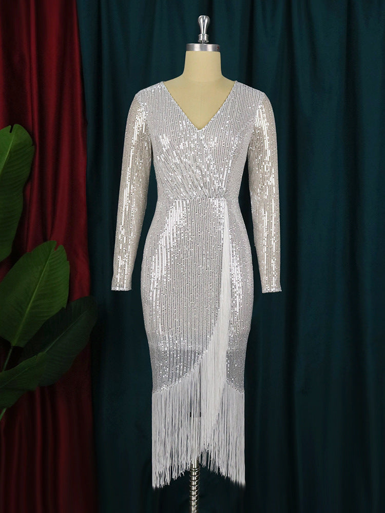 Sexy Elastic Sequin Tassels Plus Sizes Party Dresses