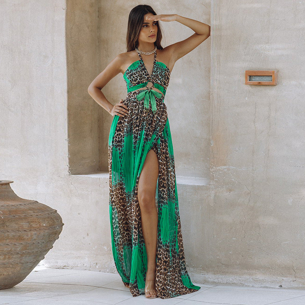 Sexy Leopard Backless Chiffon Boho Dresses
