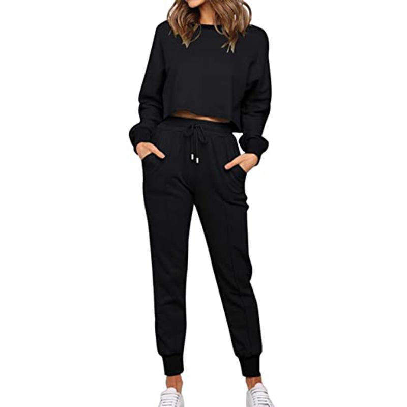 Women Round Neck Drawstring Casual Fall Sporting Suits-STYLEGOING