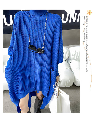 Women High Neck High Low Designed Knitted Long Cozy Dresses