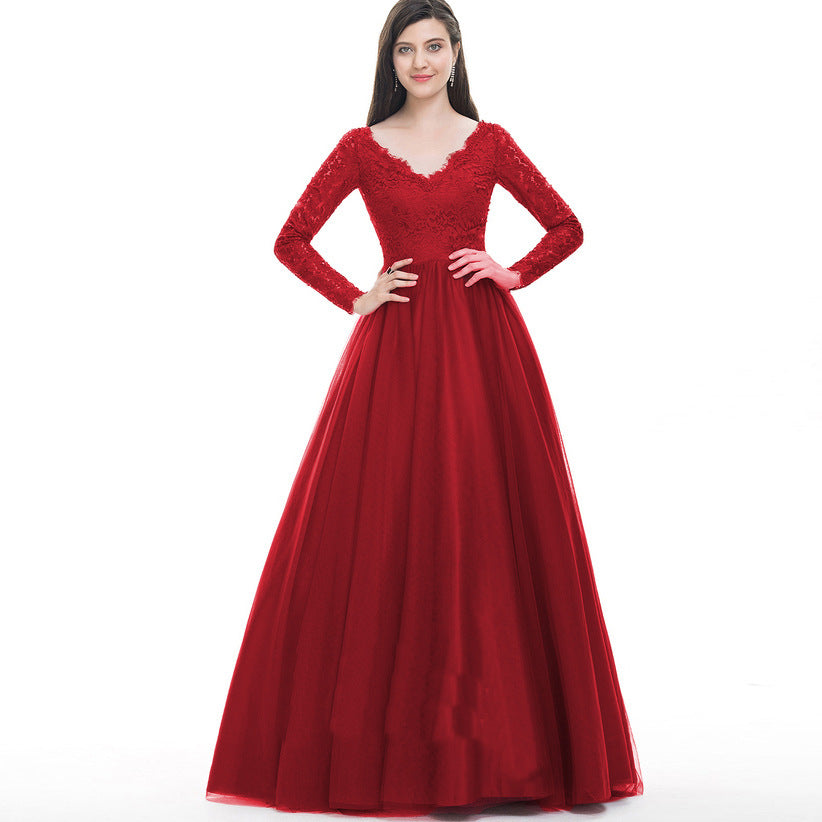Elegant Long Sleeves Red Lace Evening Dresses