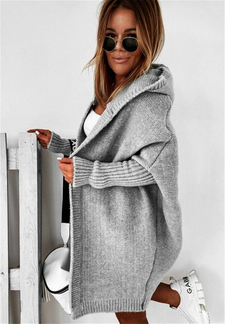 Women Knitting Batwing Sleeved Hoody Sweaters-STYLEGOING