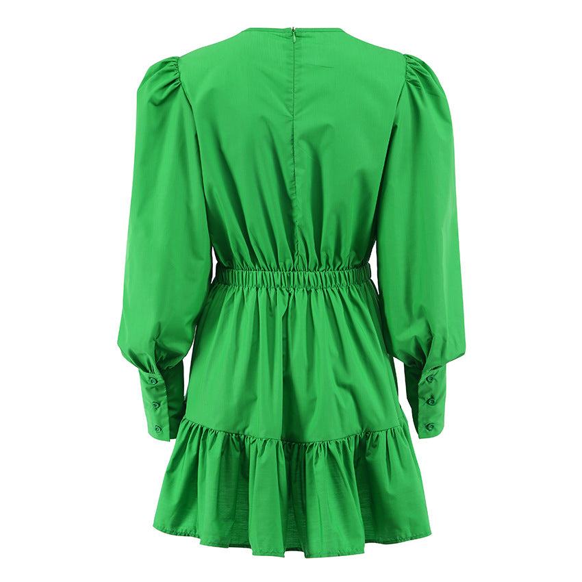 Vintage Long Sleeves Elastic Waist Short Dresses
