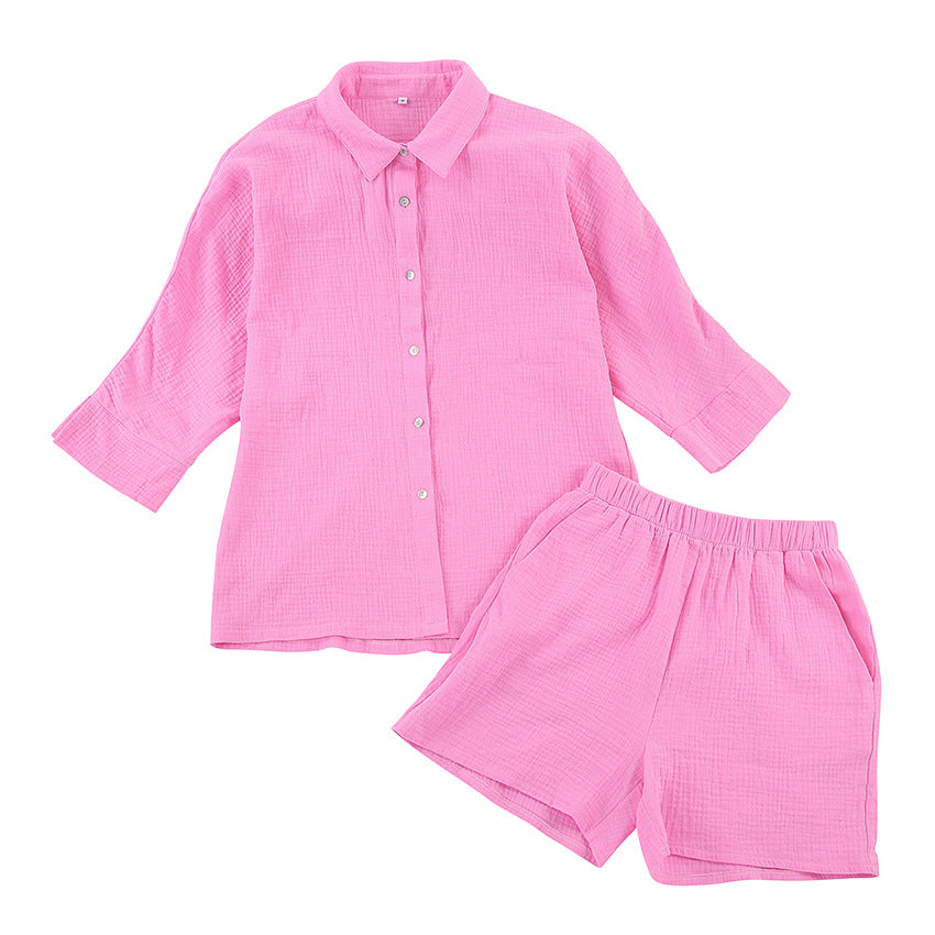 Women Cotton Two Pieces Shirts and Crop Shorts Sets