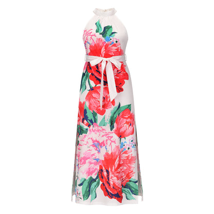 Summer Sleeveless Halter Rose Print Long Maxi Dresses
