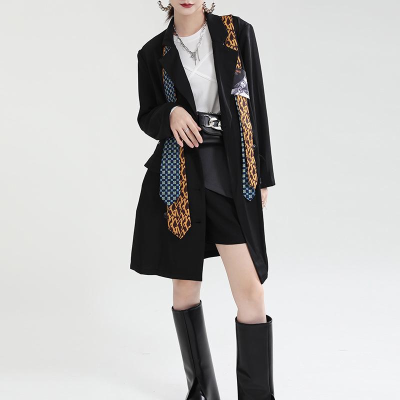 Women Double Breasted Fashion Necktie Blazer Coat