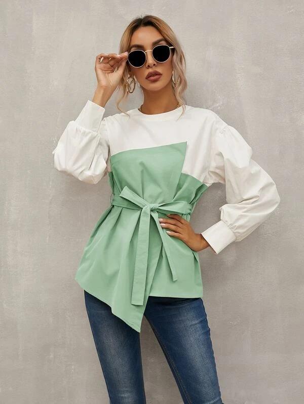 Long Puff Sleeves Belt Loose Shirts-STYLEGOING