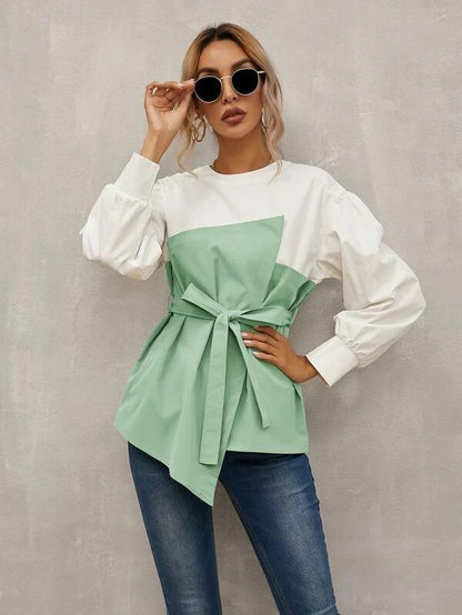 Long Puff Sleeves Belt Loose Shirts-STYLEGOING