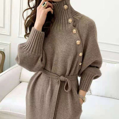 Loose Turtleneck Lace Up Knitted Winter Long Dresses