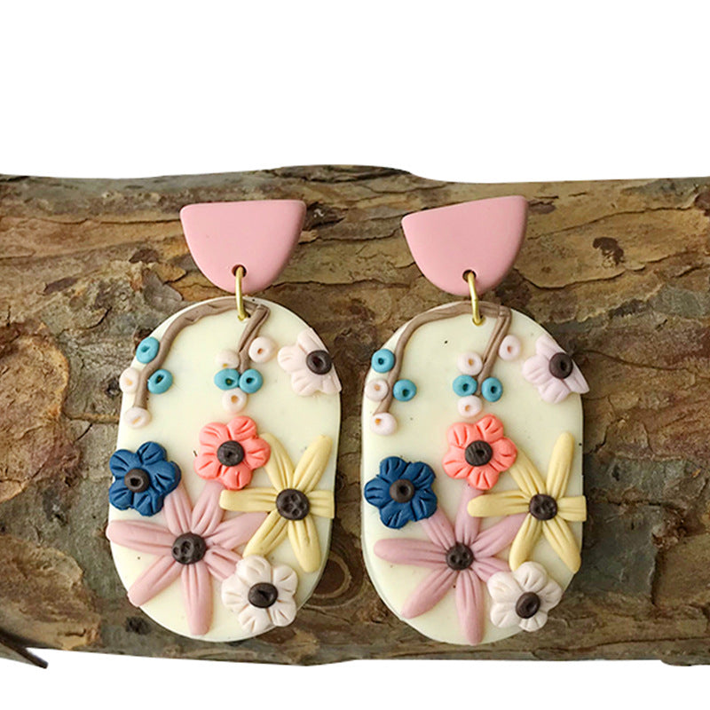 Engraved Flowers Handmade Clay Earrings for Women
