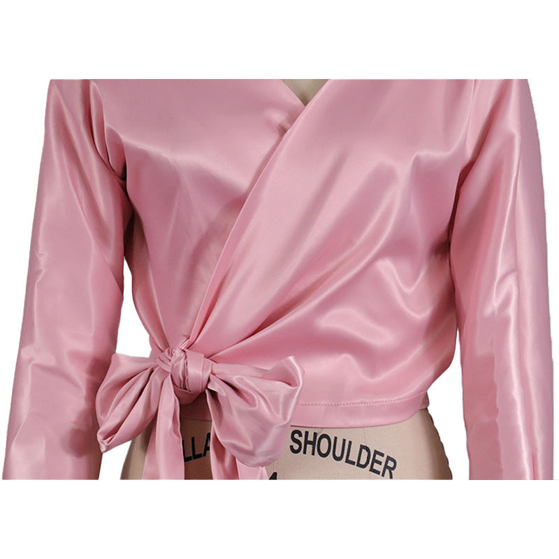 Sexy V Neck Satin Long Sleeves Tops for Women