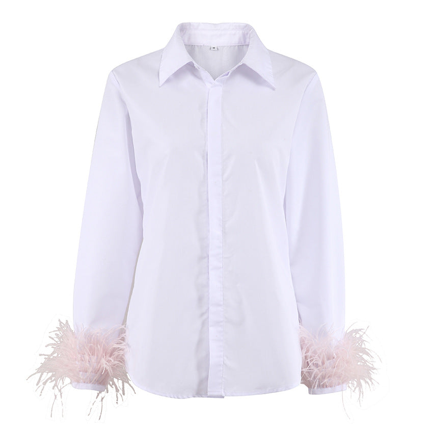 Fashion Women Long Sleeves Feather Design White Shirts