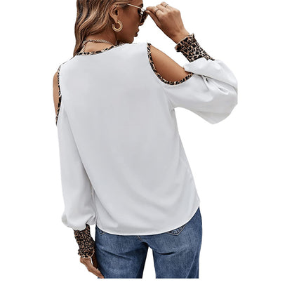 Casual Leopard V Neck Long Sleeves Women T Shirts